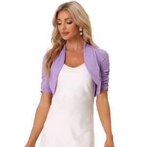 Short Sleeve Shrugs Ruched Sleeve Open Front Cropped Bolero Lilac